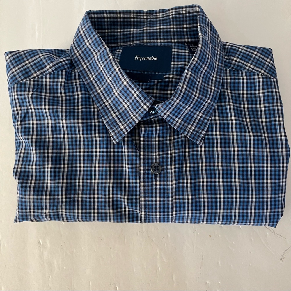 Mens Faconnable Club Long Sleeve Plaid Button Front Shirt Sz L Logo Blue White
